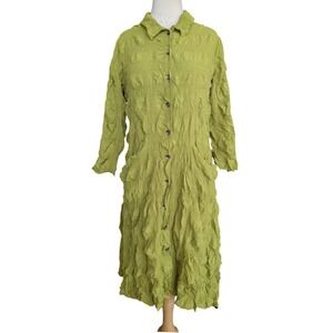 Chalet et Ceci Crinkle Dress Green Lagenlook Asym Hem Button Front USA M